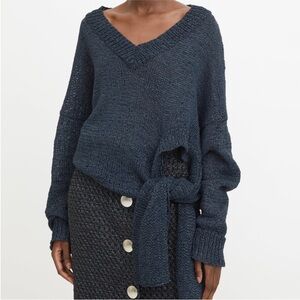 Rodebjer Anisah Blue Tape Yarn Oversize Open Weave Side Tie Sweater, Size XL